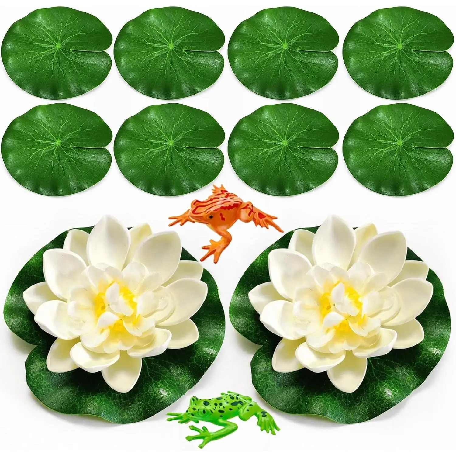 12PCS Artificial Floating Lily Pads Set with 8 Realistic Lily Pads, 2 Lotus Flowers & 2 Floating Frogs, Decorations for Pond Pool Fountain Water Feature