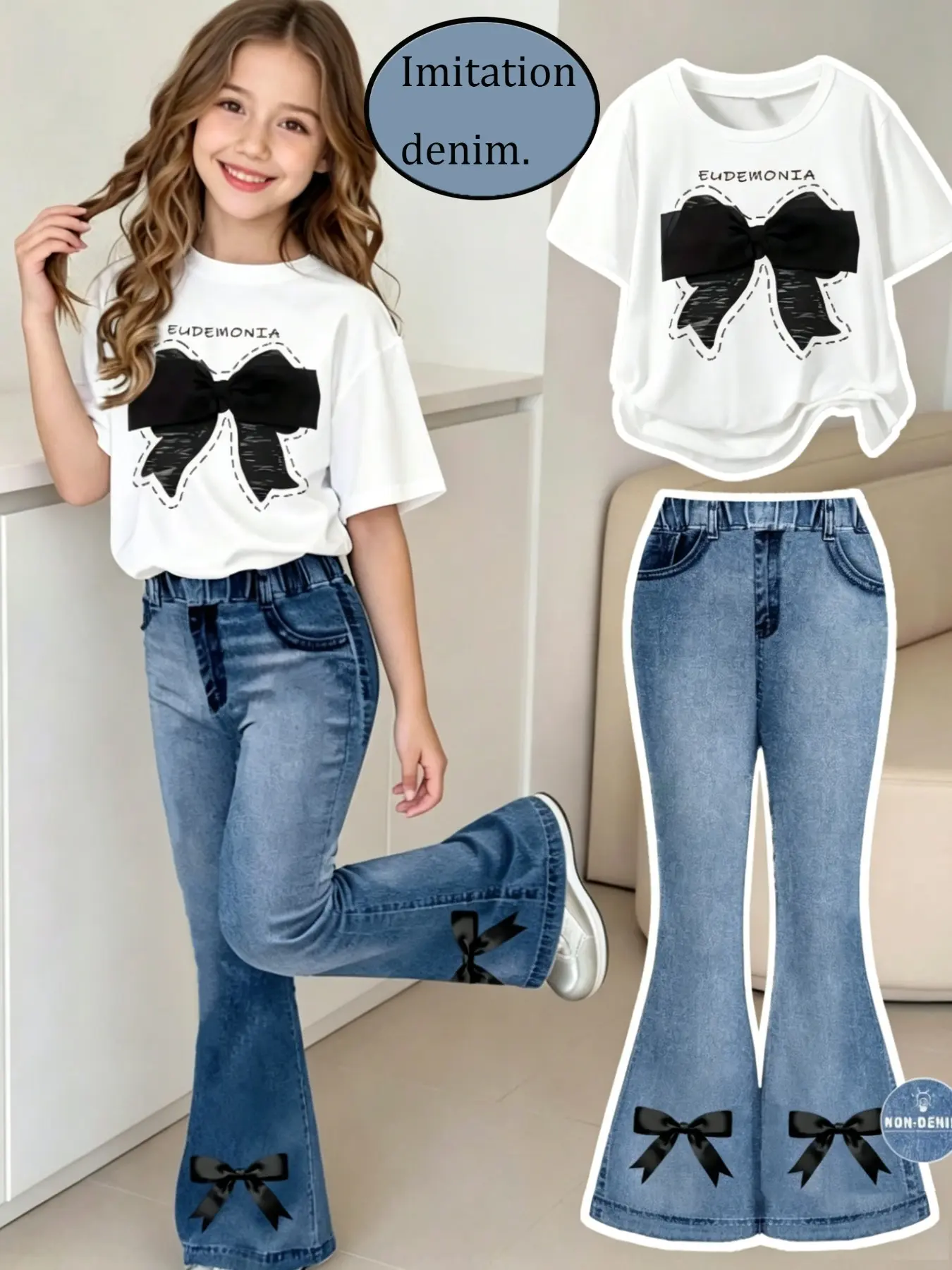 Girls' Casual Bow Tee Pants Set, Matching Outfits Set, Denim Bell Bottom Pants + Round Neck Short Sleeve T-Shirt, Trendy Daily Wear for Ages 4-12, Slim-Fitting Style