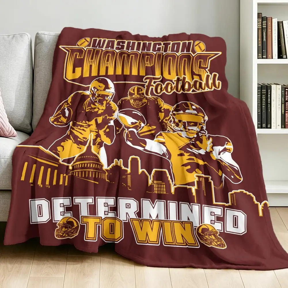 Washington Champions Football City Skyline Flannel Throw Blanket, Maroon-Gold Team Print, "Determined To Win" Varsity Look Warm Blanket for Football Fans, Fan Cave & Game Day Decor Gift