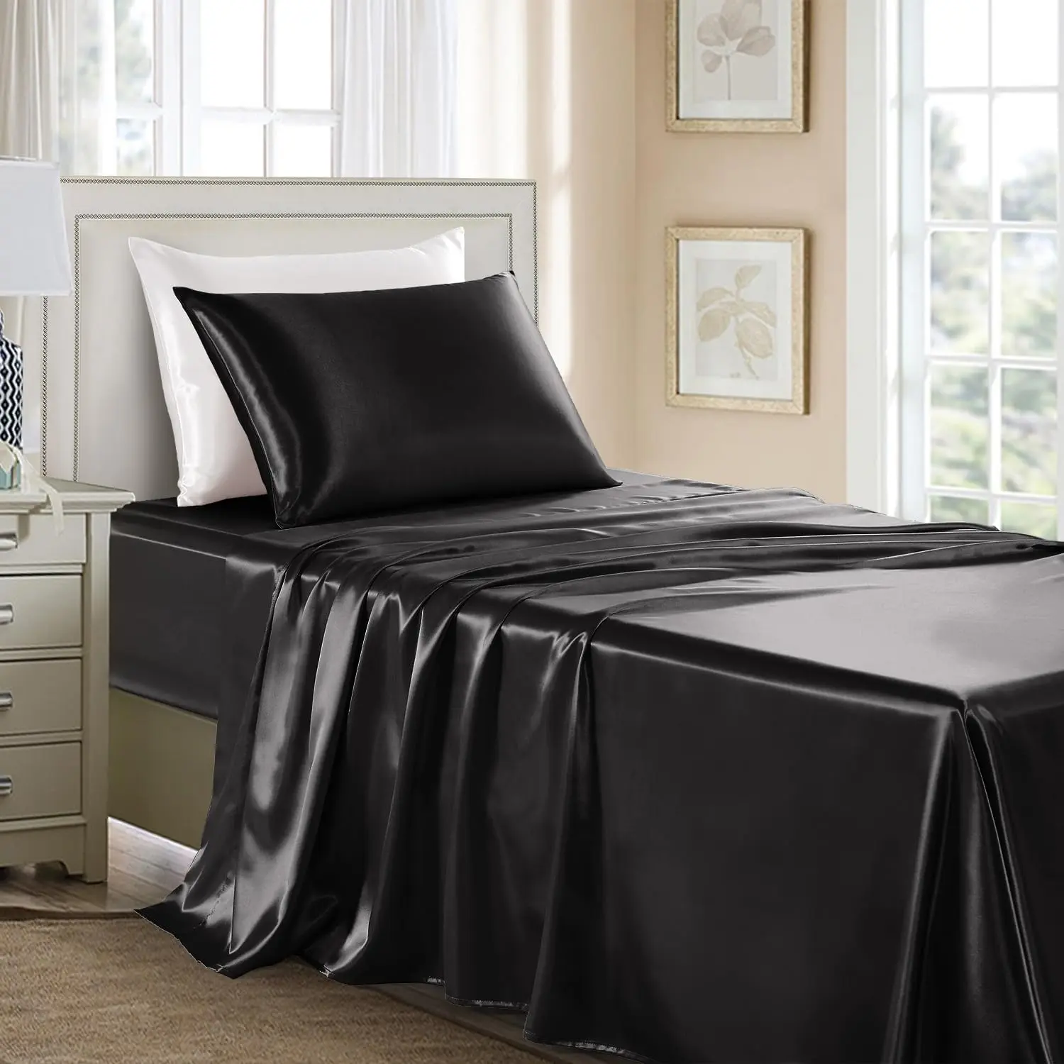 Sheets Twin XL Size - 3 Pieces Luxury Soft Bed Sheets, Wrinkle-Free Black Silk Sheet Set with 1 Deep Fitted Sheet, 1 Flat Sheet, 1 Pillow case