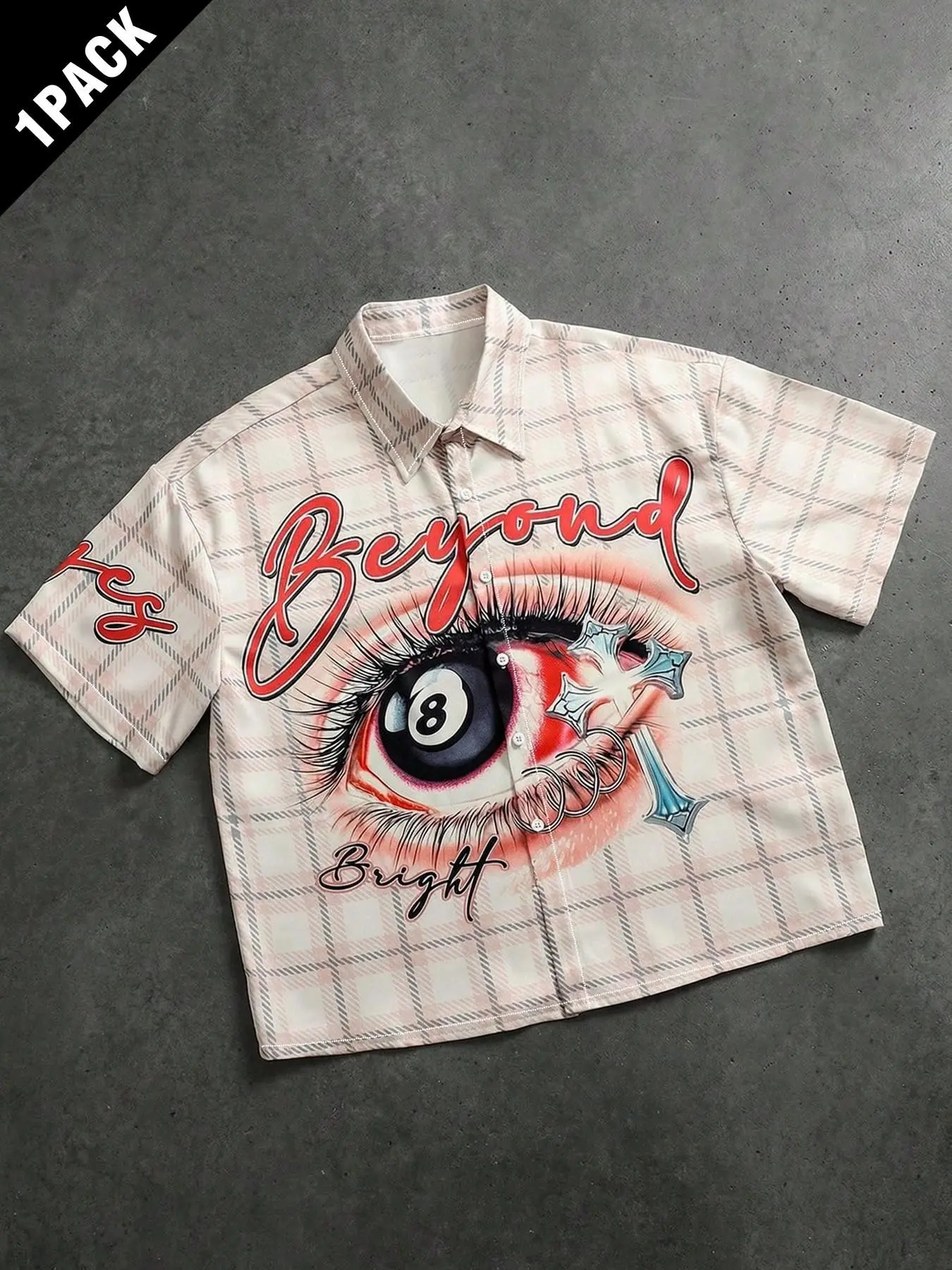Y2K Eye-Catching 8-Ball Pattern Plaid Checked Button-Up Menswear Shirt | Loose Baggy Streetwear Style Aesthetic, a Fashionable Summer Casual Top Suitable for Gen Z and Alternative Fashion Enthusiasts! Casual Collared Shirt, Casual Printed Menswear