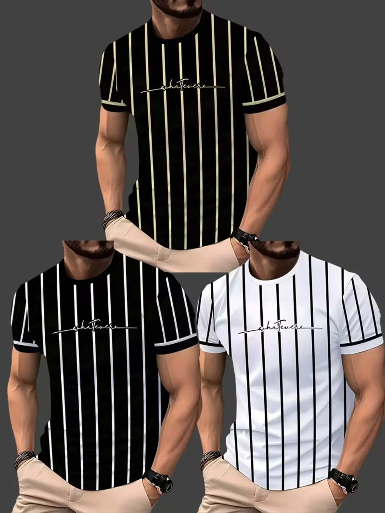Men's Classic Vertical Stripe Handwritten Letter Print Round Neck Short Sleeve T-Shirt, Casual Fitted Top, All Seasons Wear