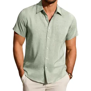 DEMEANOR Mens Linen Shirts Short Sleeve Casual Wrinkle Free Button Down Shirt Lightweight Beach Vacation Summer Wedding Tops