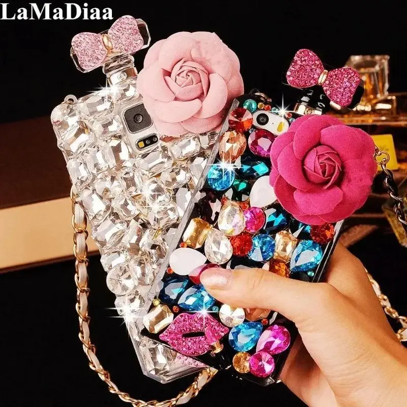 Luxury DIY Colorful Diamond Flower Perfume Bottle with Chain Lanyard Case for Iphone 14 15 13 12 16 Pro MAX XS Max XR X 16Plus
