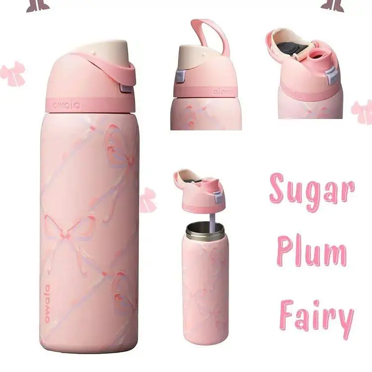 Owala Sugar Plum Fairy 32oz FreeSip Water Bottle - Coquette Pink Insulated Leakproof Stainless Steel Cup with Straw, Festive Gift for Her