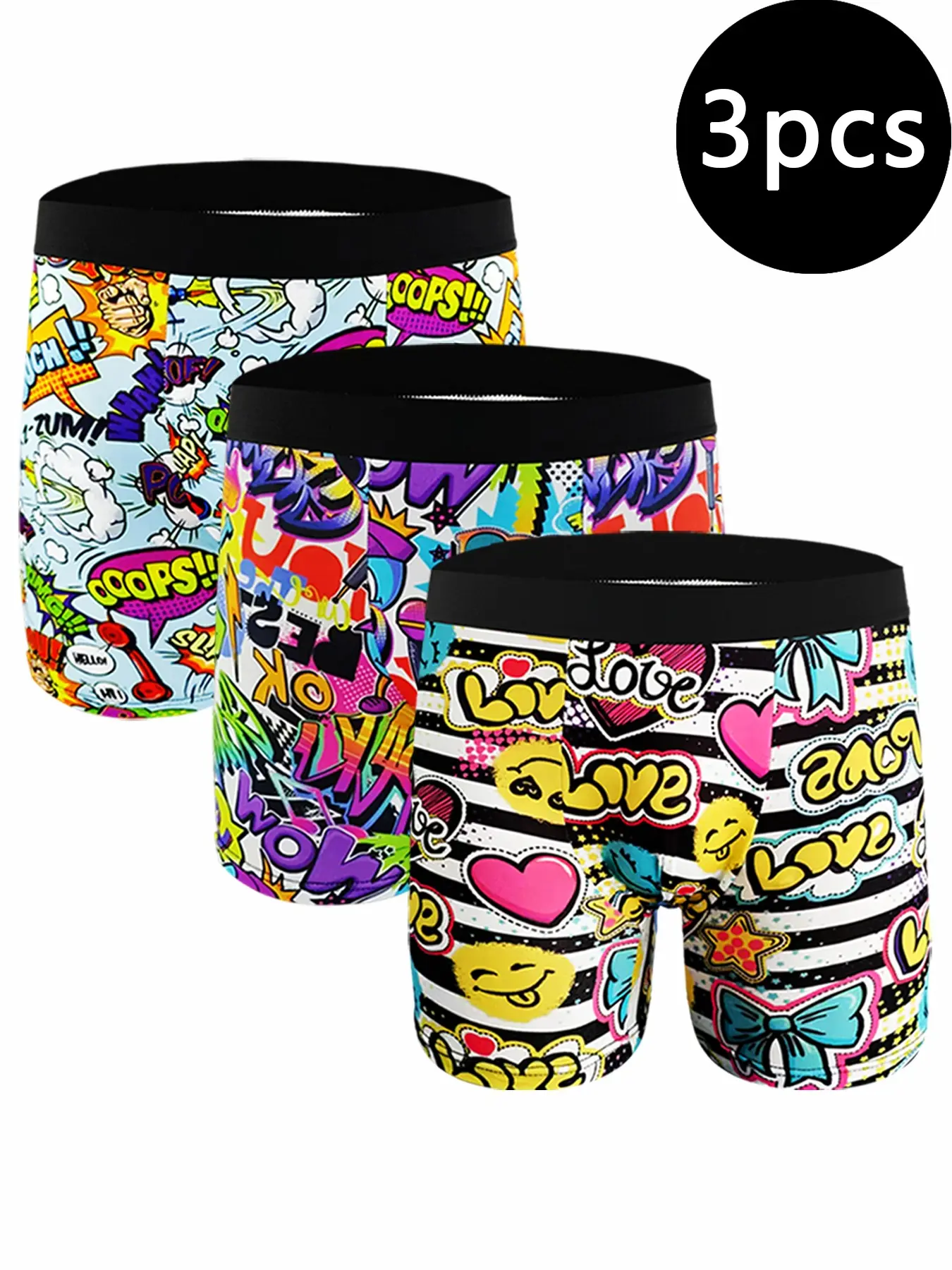 3-Pack Men's Graffiti Print Boxers, Long Leg Design, Comfortable Breathable Underwear, Streetwear Underwear, Casual All-Season Fashion Trunks