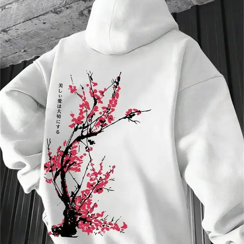 Fall clothes,White Cherry Blossom Branch Graphic Nature Lover Cotton Blend Pullover Hoodie, Casual Oversized Sweatshirt for Y2K Streetwear