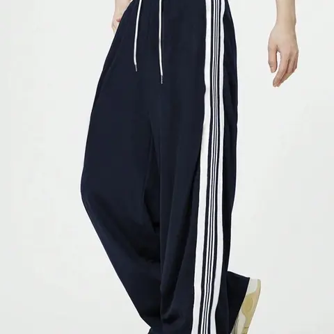 Unisex Side Stripe Drawstring Waist Wide Leg Pants, Striped Women's Loose Casual Comfy Straight Leg Trousers for Daily Wear, Baggy Pants for Women, Casual Summer Bottoms, Ladies Bottoms for All Seasons