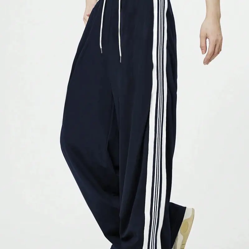Unisex Side Stripe Drawstring Waist Wide Leg Pants, Striped Women's Loose Casual Comfy Straight Leg Trousers for Daily Wear, Baggy Pants for Women, Casual Summer Bottoms, Ladies Bottoms for All Seasons