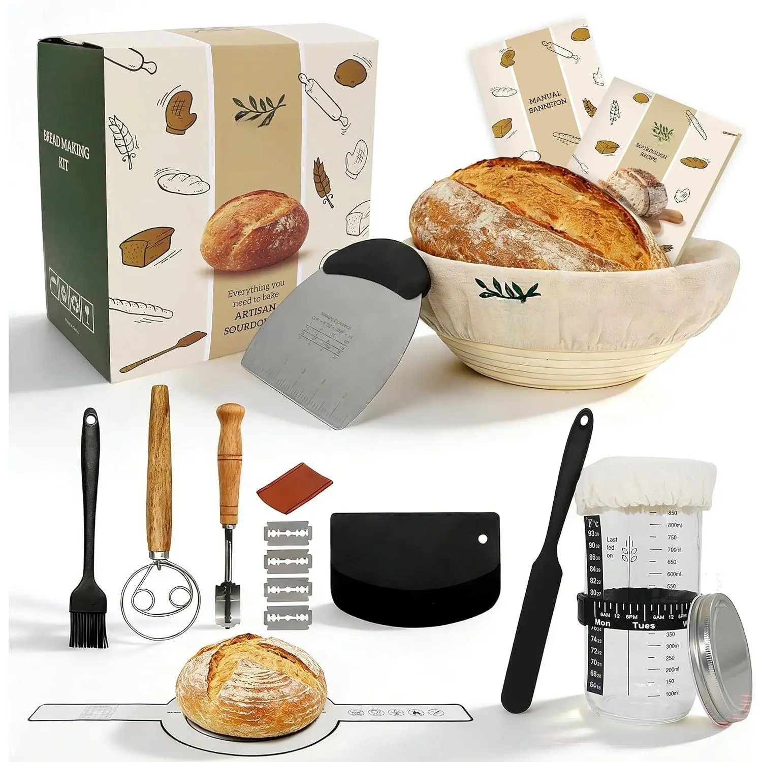 Sourdough Starter Kit – Complete Bread Baking Kit with 9” Banneton Proofing Basket, 34oz Starter Jar with Feeding , Dough Whisk, Bread Lame – Beginner Sourdough Baking Supplies