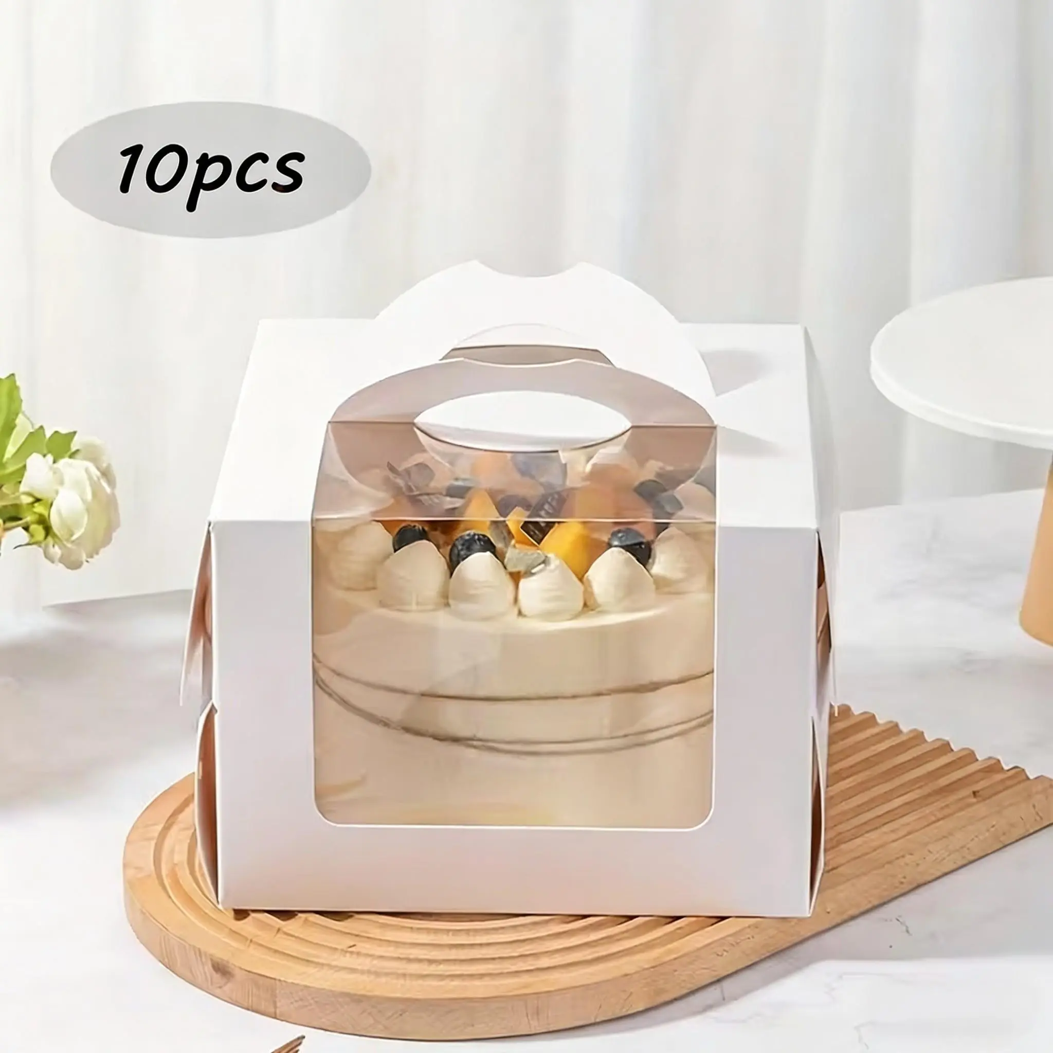 Kraft Paper Cake Box, Premium Cake Box, 10 Transparent Cake Boxes with Handles and Thick Bottom, 3-Inch Window Mousse Cake Box, Baking Supplies, Home Use, Bakeware