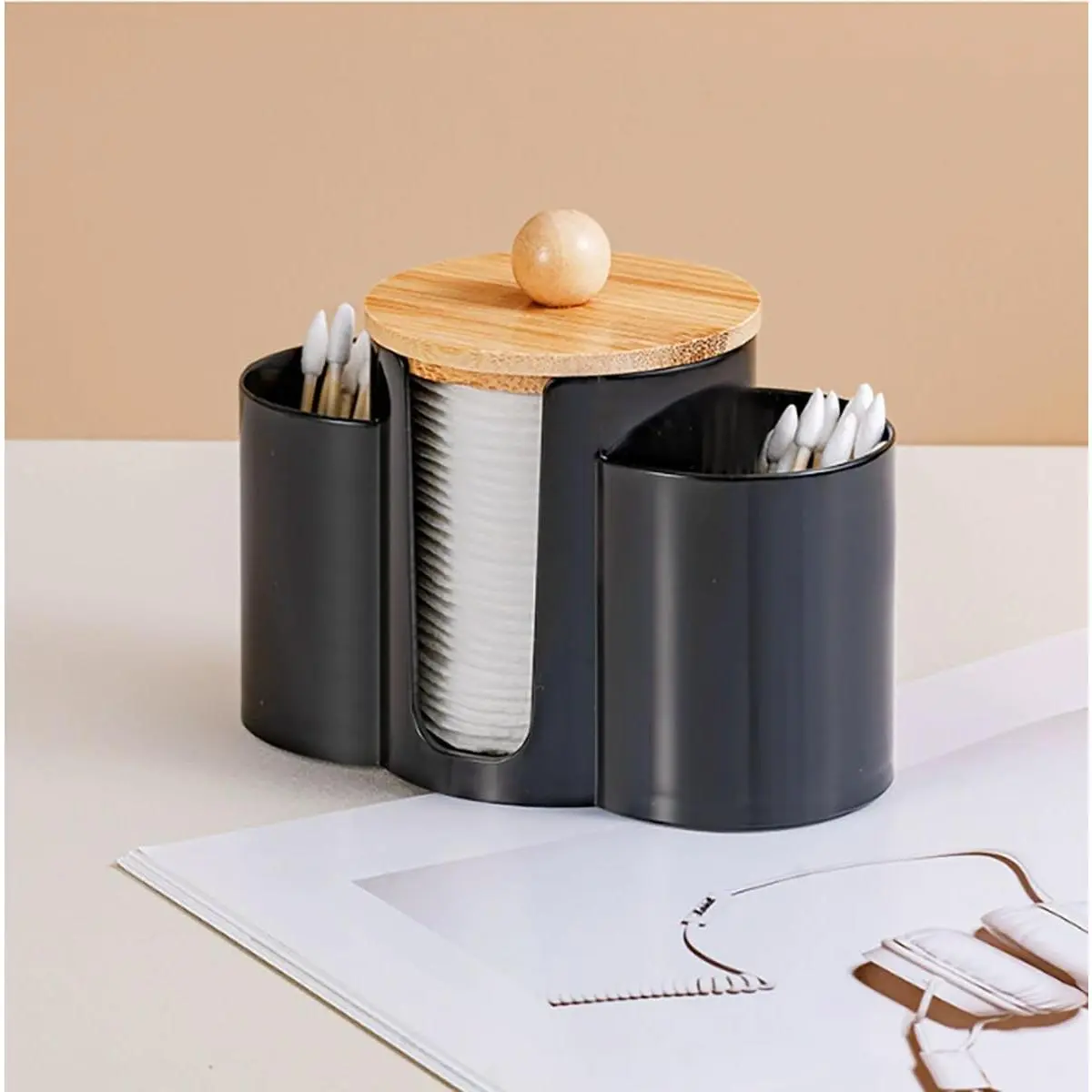 3-in-1 Q-Tip Holder for Bathroom –   Organizer Canister with  Lid for  Swabs, Balls and Pads, Countertop Storage Container(Black)