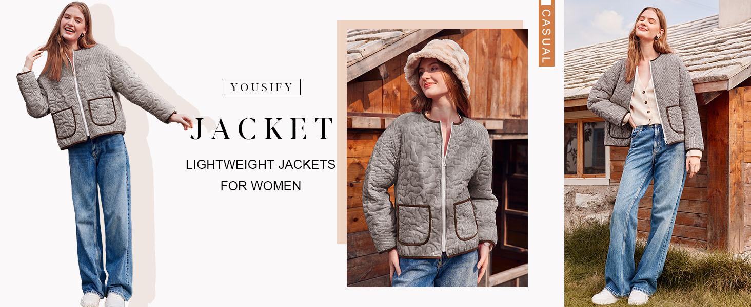 Yousify Womens Jackets Fall Fashion 2025 Crew Neck Quilted Plaid Jacket Full Zipper Coats S-2XL