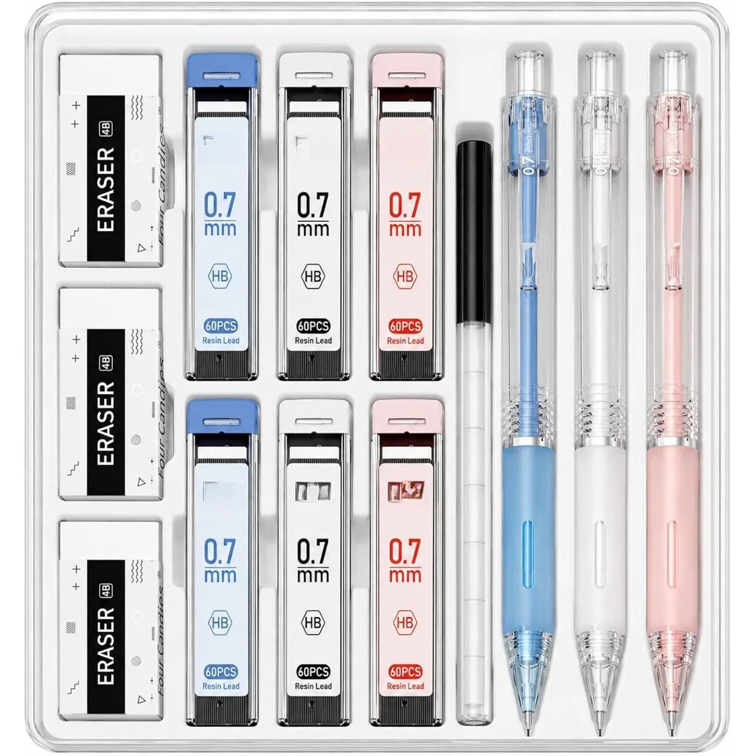 Cute Mechanical Pencil Set, 3-Pack 0.7mm | 360 Lead Refills, 3 Erasers, 9 Eraser Refills, Non-Slip Rubber Grips, Aesthetic Design, for Daily Writing and Drawing