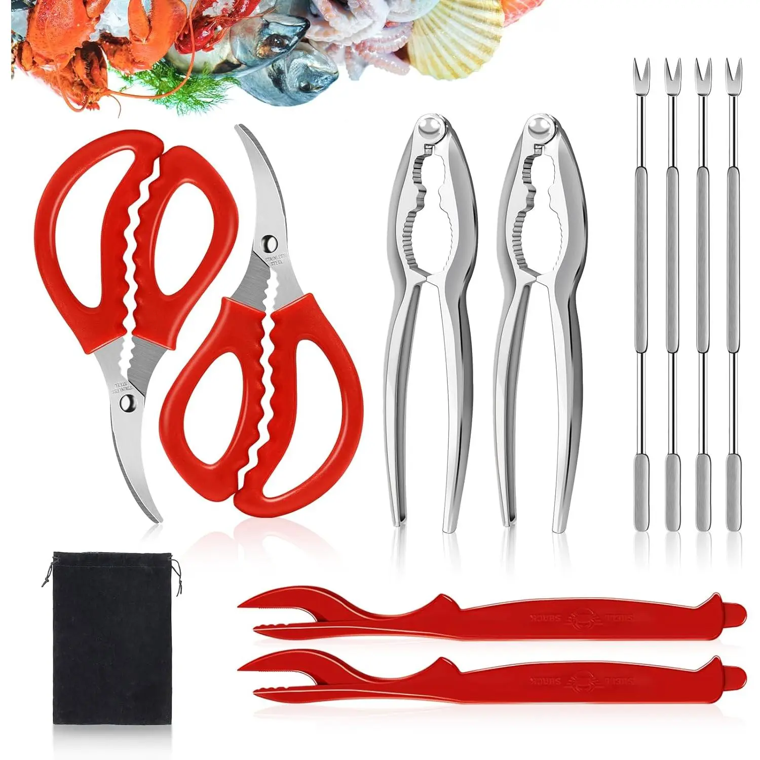 Crab Crackers and Tools Set, Seafood Boil Party Supplies, 10PCS |   Nut Cracker Seafood Tools Set with Lobster Shellers, Stainless Steel Crab Leg Forks Picks, Crab Crackers, Seafood Scissors
