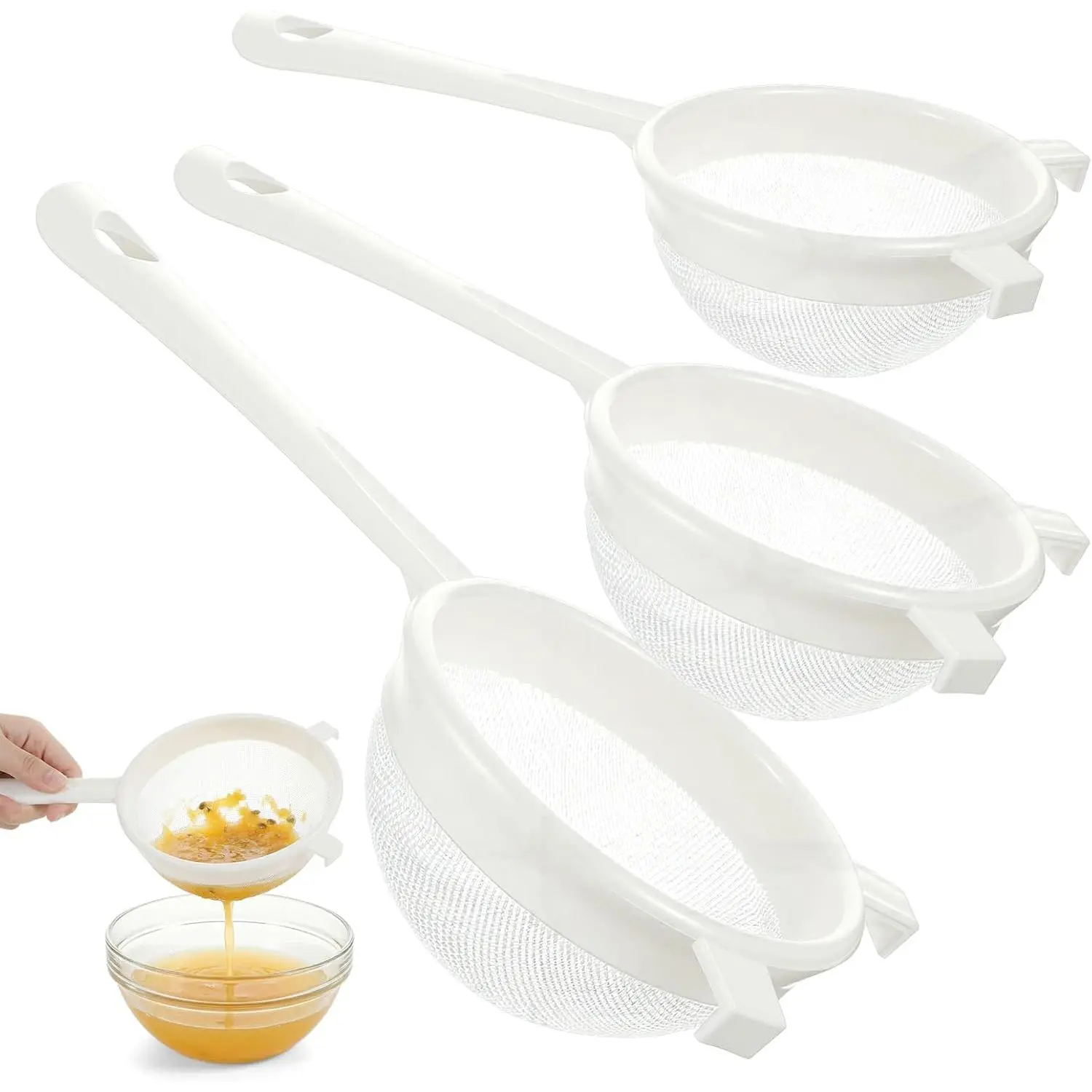 3 count Plastic Nylon Strainer Set, 3 Sizes Ultra Fine Mesh Strainer for Juicing Kefir Grains Yogurt and , -Grade Nylon Mesh Colander with Handle for DIY Crafts Baking Stuff