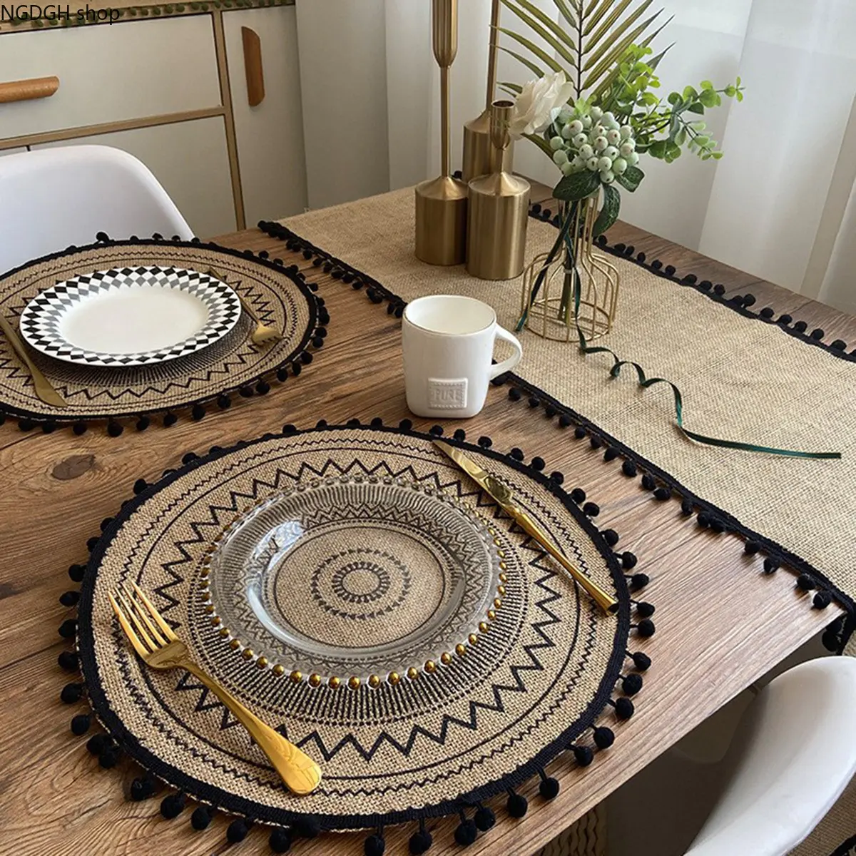 Boho Jute Placemat, Round Shape with Mandala Print and Pom Pom Fringe, Black Beige Dining Table Decor, Coasters, Jute Fabric, Pom Pom Edge