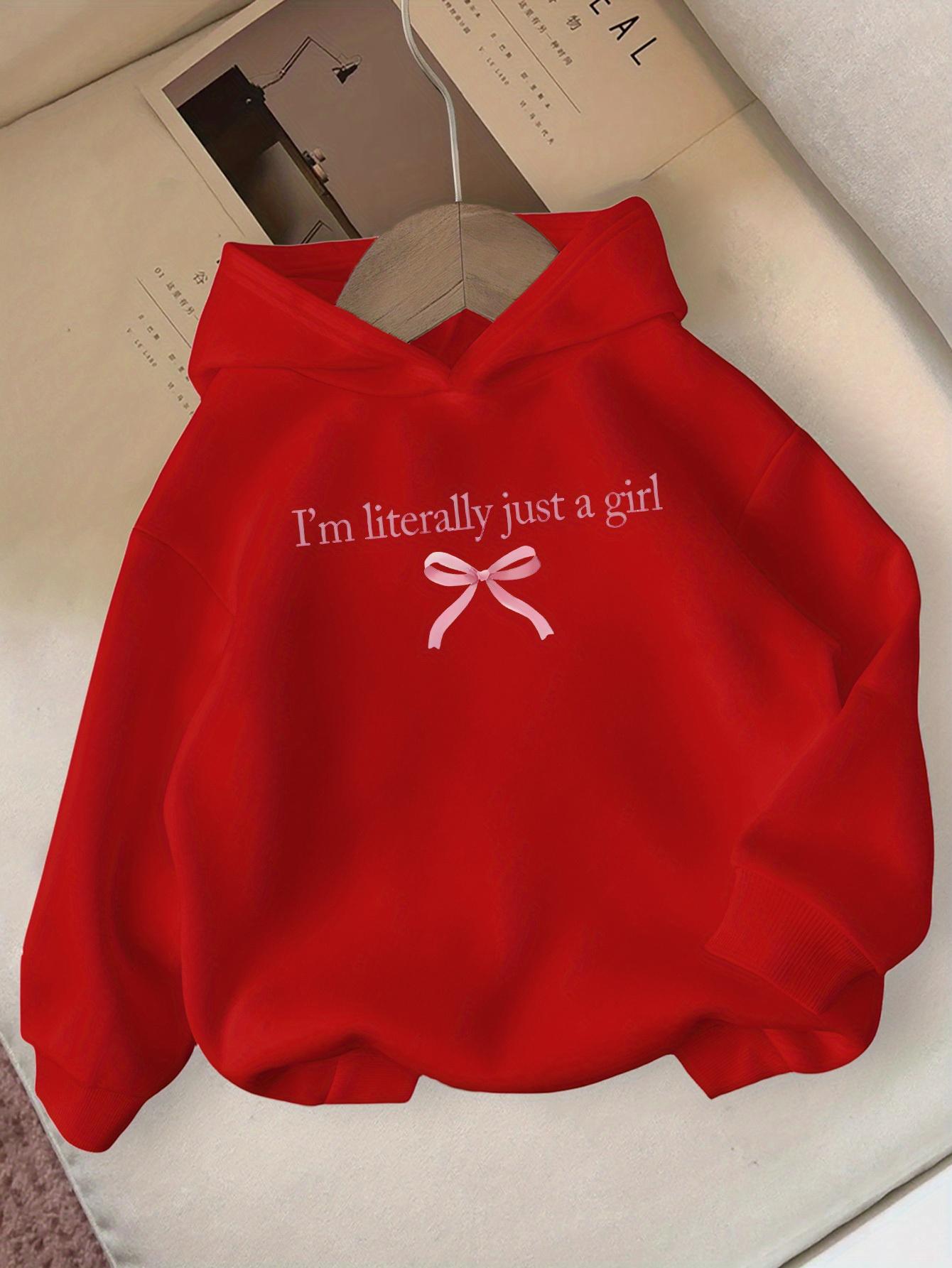 Cozy & Stylish Girls' Red Hooded Sweatshirt with "I'm LITERALLY JUST A GIRL" Print & Bow Detail - Soft Polyester Knit, Ribbed Cuffs, Perfect for Fall/Winter Casual Wear, Girls Sweaters
