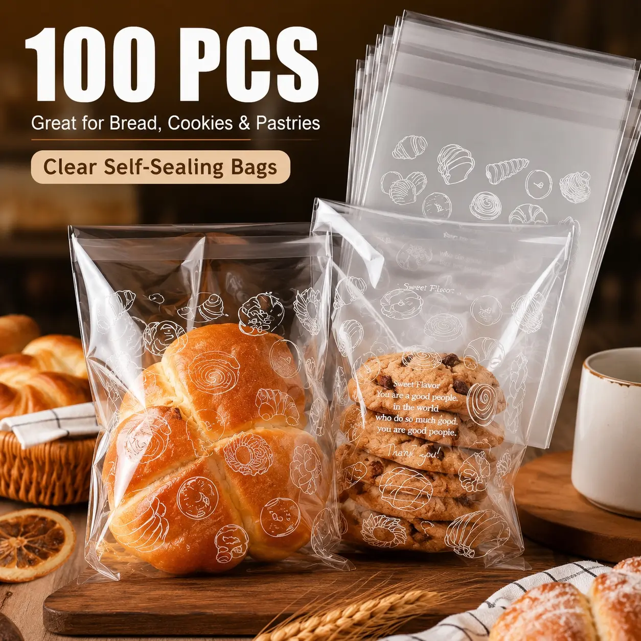 100 PCS Clear Self Sealing Bread Bags, 15×21cm Printed Bakery Packaging Bags for Cookies, Bagels, Pastries, Candy and Homemade Treat Storage