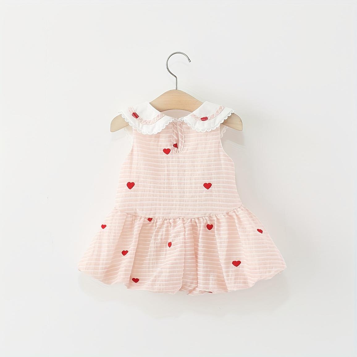 Summer Pink Striped Cute Baby Girl Dress Turn-Collar Sleeveless Sweet Heart Dress Toddler 0-4 Years Old Cartoon Elephant Casual Children's Clothing