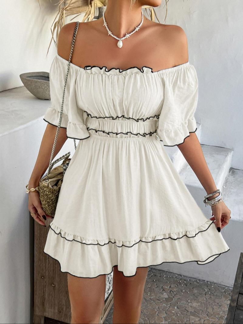 Women's Plain Dress, Casual Boho Ruffle Hem Chic Fashion Short Sleeve Dress for Summer, Ladies Clothes for Beach Holiday, Shortsleeve Womenswear