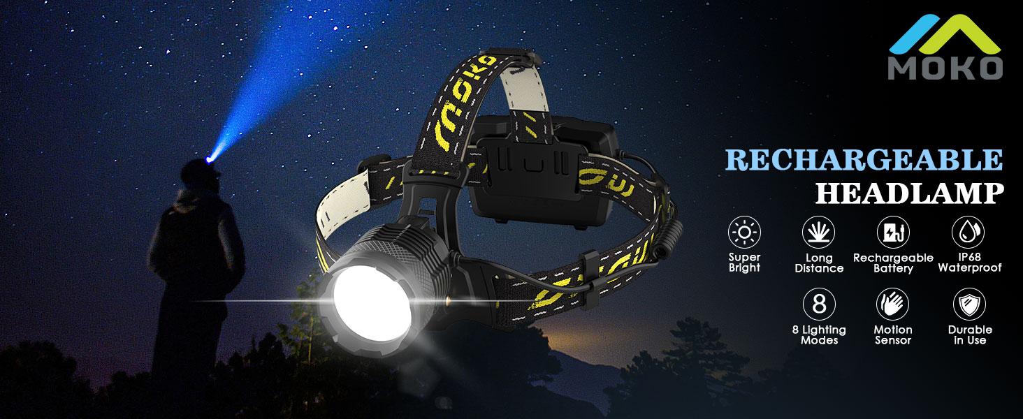 Moko 150000 lumen rechargeable headlamp-60H long battery life detachable, 8 modes super bright 50W bulb IP68 waterproof 90 ° adjustable sensor headlight for outdoor camping fishing running hunting Tactical Flashlight