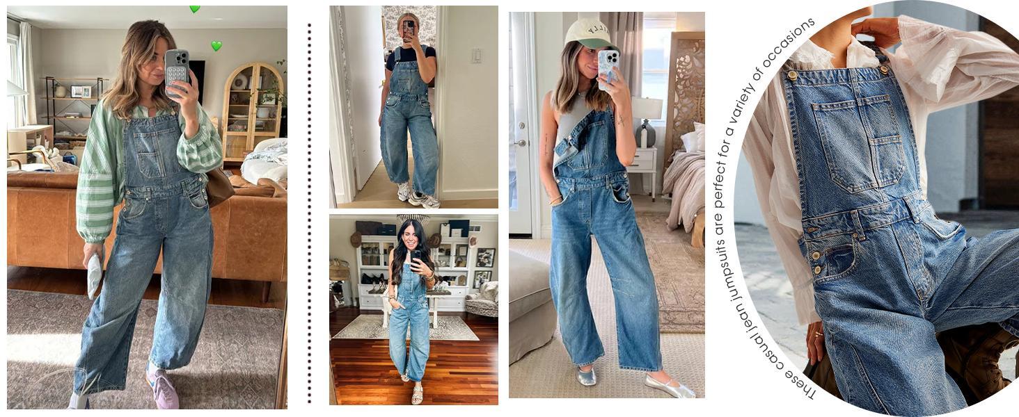 Imily Bela Womens Denim Bib Overalls Barrel Leg Adjustable Strap Jean Pants Jumpsuits with Pocket