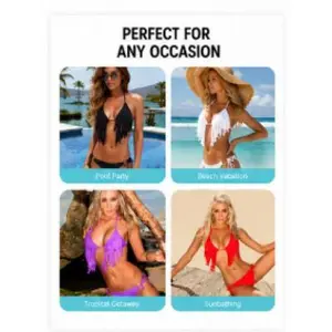 Women 2-Piece Bikini Set, Bandeau Swim Top with Fringe Trim, Nylon Beach Swimwear