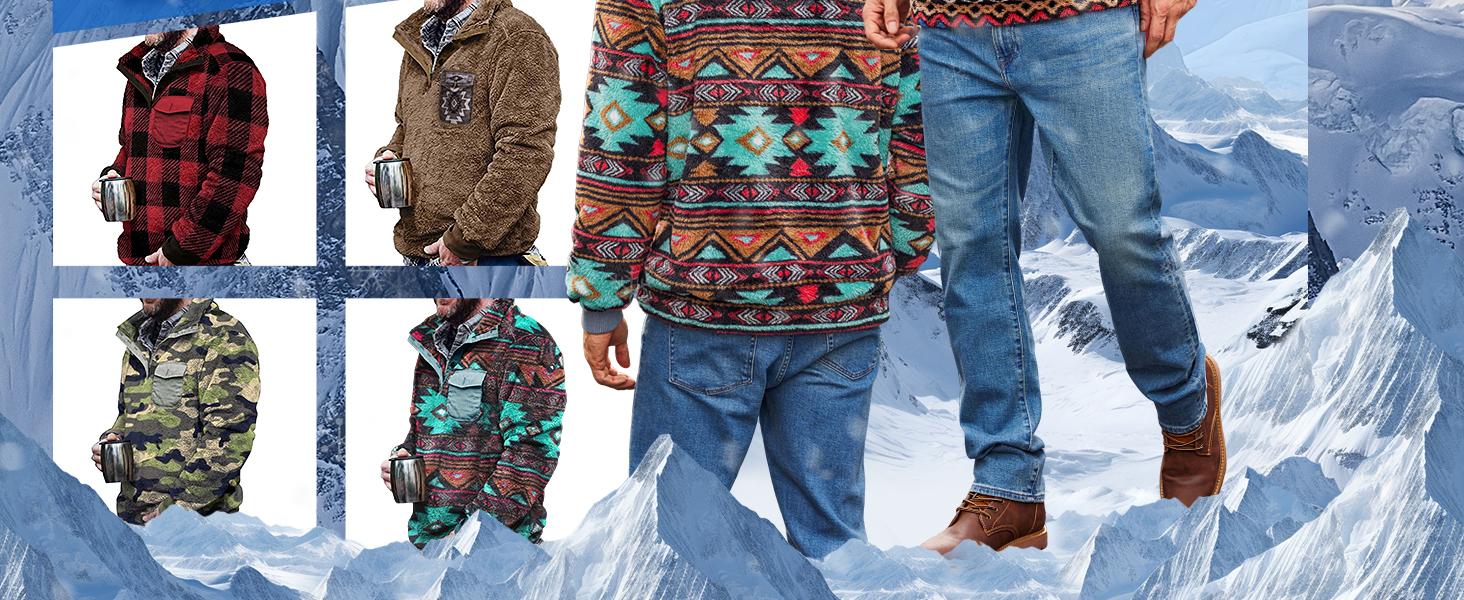 【Christmas Sale】PASLTER Mens Christmas Aztec Fleece Jackets Fuzzy Sherpa Pullover Sweatshirts Winter Coats Western Vintage Sweaters with Pocket