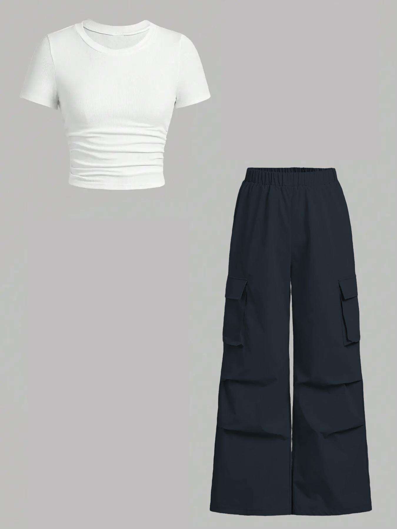 Women's Solid Ruched Ribbed Tee Top & Pocket Cargo Pants Two-piece Set, Street Fashion Casual Short Sleeve T-shirt & Elastic Waist Trousers for Daily Wear, Ladies Two-piece Outfits for All Seasons Womenswear