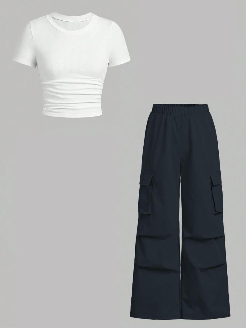 Women's Solid Ruched Ribbed Tee & Pocket Cargo Pants Two-piece Set, Street Fashion Short Sleeve T-shirt & Elastic Waist Trousers for Daily Wear, Ladies Two-piece Outfits for All Seasons