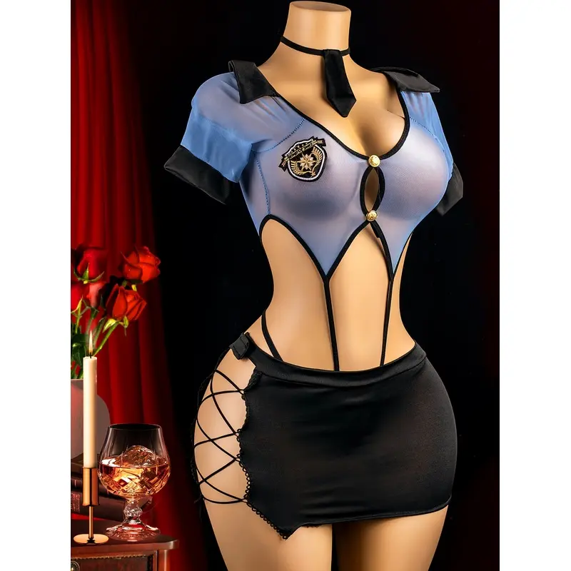 Women's Sexy Semi-Sheer Female Police Officer Role-Play Costume, Suitable for Weight Up to 60kg or 130lbs, Queue-Style Bodycon Bodysuit Dress
