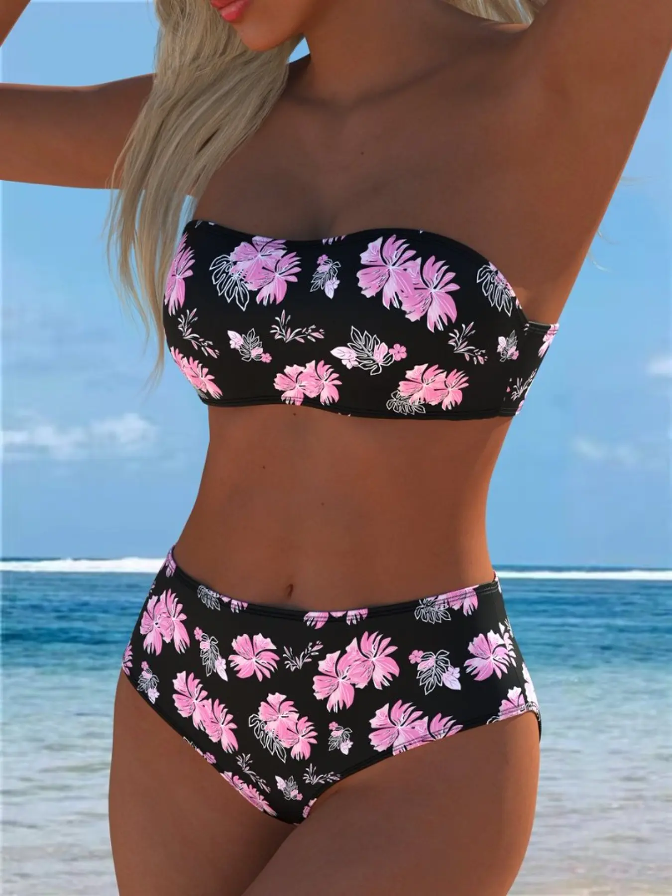 Daisy Print Halter High-Waisted Swimsuit, Non-Slip Strapless Design, Beach Vacation Bikini, Slimming Split-Body Bathing Suit, Floral Print Swimsuits