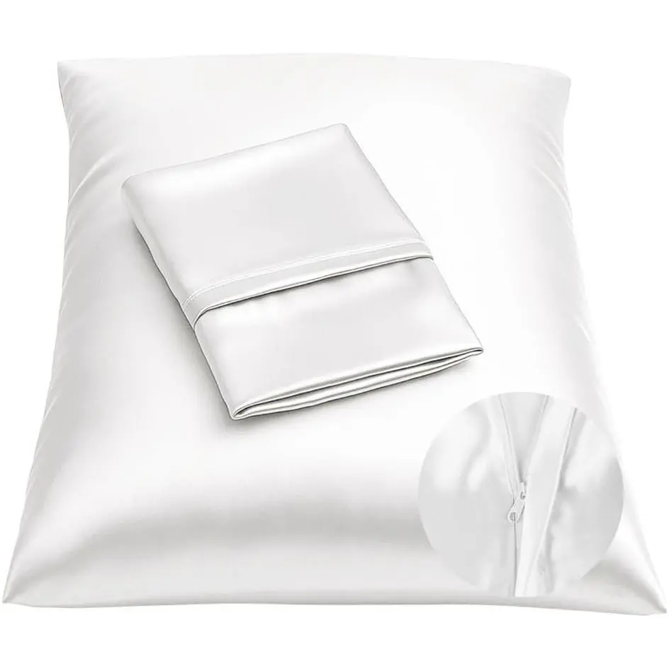 Pillowcase with Zipper for Hair and Skin Care, Feels Soft and Cool Like a Silk Pillowcase, White Pillow 2 Pack, Slik Pillow Cover, Standard Size - Set of 2