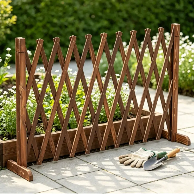 Simple Style Pressure-Treated Wood Expandable Fence Divider, Movable Grid Flower Rack, Indoor/outdoor Space Separator, Foldable Garden Barrier