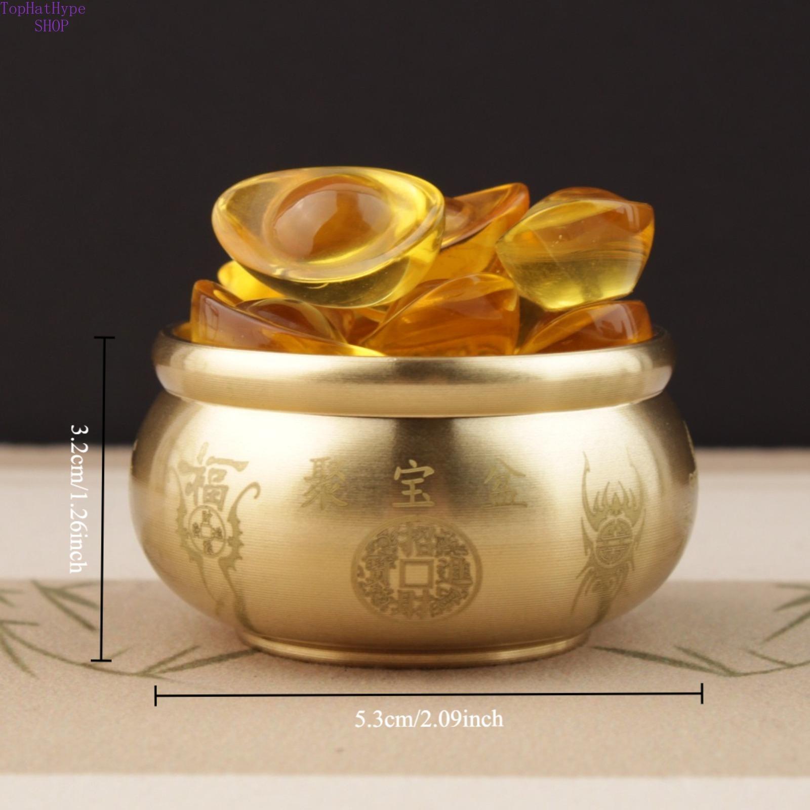 Chinese Style Brass Fortune Pot Figurine, Lucky Five Blessings Treasure Bowl Decor, Feng Shui Wealth Collectible for Home & Office Desktop Display