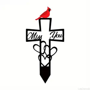 Metal Cross Memorial Stake Decorated With Red Cardinal Bird, "Miss You" Sympathy Grave Marker, Decor For Cemetery, Garden And Yard