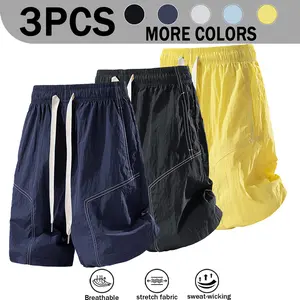 Summer 3 Pack Japanese Style Light Crinkle Quick Dry Bermuda Shorts For Men, Drawstring High Waist Loose Wide Leg Contrast Topstitch Breathable Stretch Casual Mid Shorts For Students Beach Vacation Fitness Outfits, 5 Colors Optional