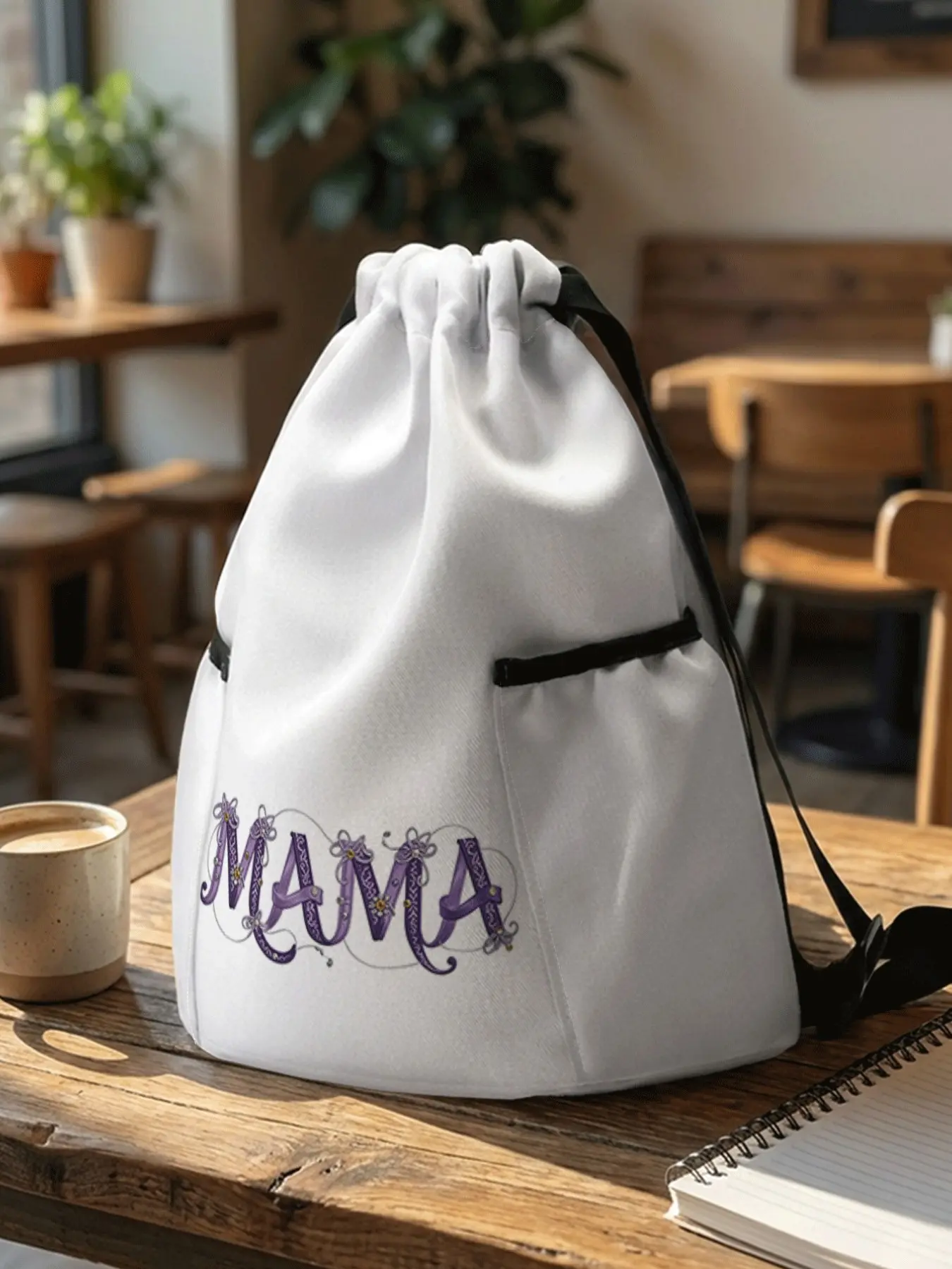 Ribbon Rhinestone Mama Print Backpack, Large Capacity Durable Fitness Bag, Adjustable Straps, Unisex, Travel Hiking Camping Essential