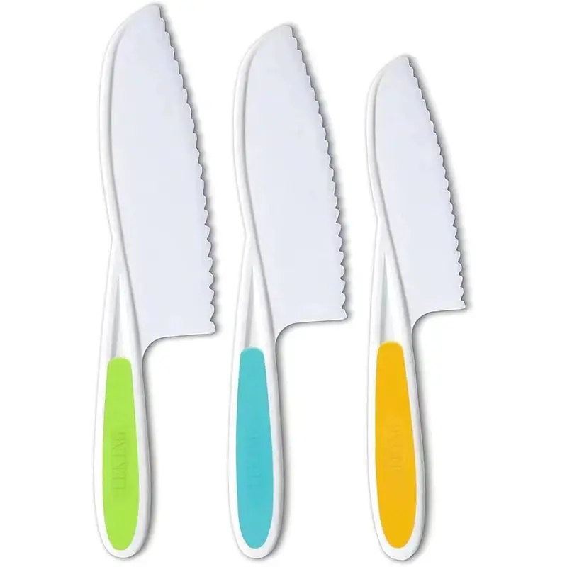 3 Pcs Kids Kitchen Knife, Plastic Serrated Edges Kids Knife Set for Cooking and Cutting Cakes, Fruits and Veggies, Perfectly Safe for Toddler Chef Knife Set for Kids Real Cooking Safety