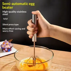 14inch Semi-Automatic Stainless Steel Hand-Push Rotary Whisk, Food-Grade Rust-Resistant, Sturdy Riveted Construction, Easy to Clean for Cooking Whisking Tasks (Home Supplies Essential), Semi-Automatic Egg Beater 14Inch