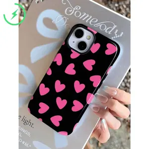 1pc Black Heart Pattern 2-In-1 Shockproof Hard Protective Phone Case - Full Coverage Accessory for Samsung, iPhone 11-17 Pro Max Smartphones, Handheld Cellphone Devices