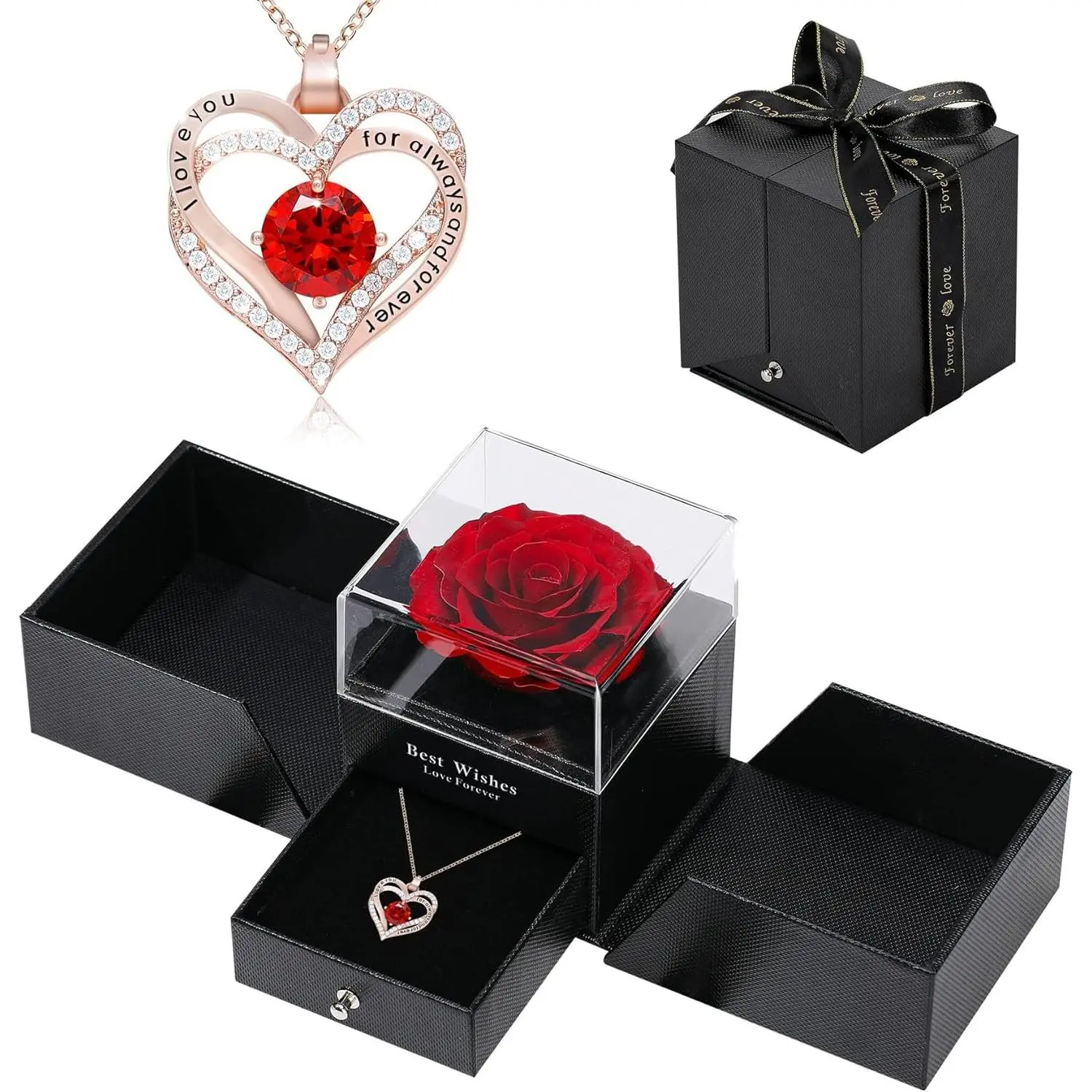 Preserved Rose with Love Necklace Jewelry Gift Set, Hand-Made Rose Flower Gifts  Her on Christmas Day,Mother's Day,Birthday, Valentine's Day, Anniversary (Red1)