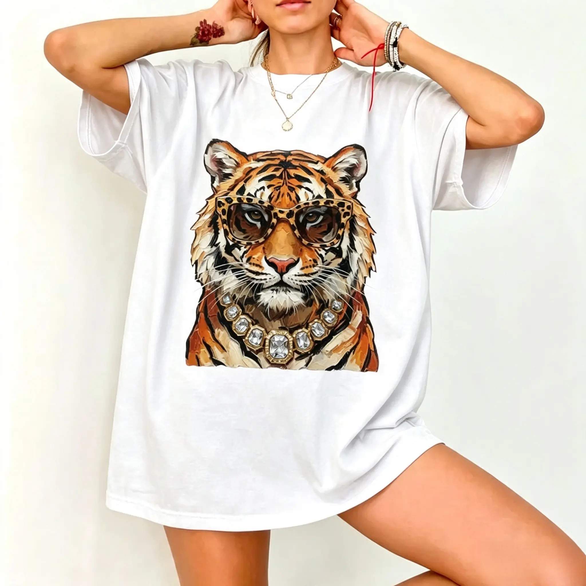 Comfort Colors Glam Tiger Shirt, Preppy Tiger Graphic Tee, Bling Animal Print T-Shirt, Boujee Leopard Print Tiger Shirt, Trendy Everyday Fashion Graphic Top