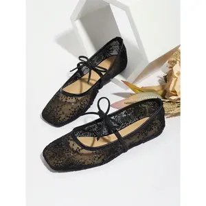 Women's White Ballet Flats With Bow Decor, Flower Embroidery, Breathable Mesh Vamp, Square Toe, Suitable For Wide Or Plump Feet, Summer Mary Jane Shoes