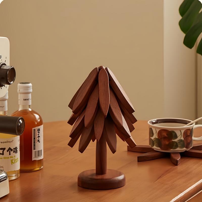 Natural Tree Trivet Set - 4 Wooden Trivets & 1 Stand - Heat-Resistant Foldable Design - Durable Solid Wood - Ideal for Hot Dishes Pots Bowls Teapots - Kitchenware Tableware Coasters-BY