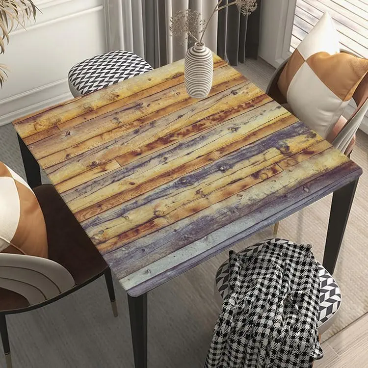 Wipeable Tablecloth Elastic Suit for 28"x28" Square Folding Table Aged Wooden Planks Texture Fitted Table Cover for Dining Kitchen Home Party Style25