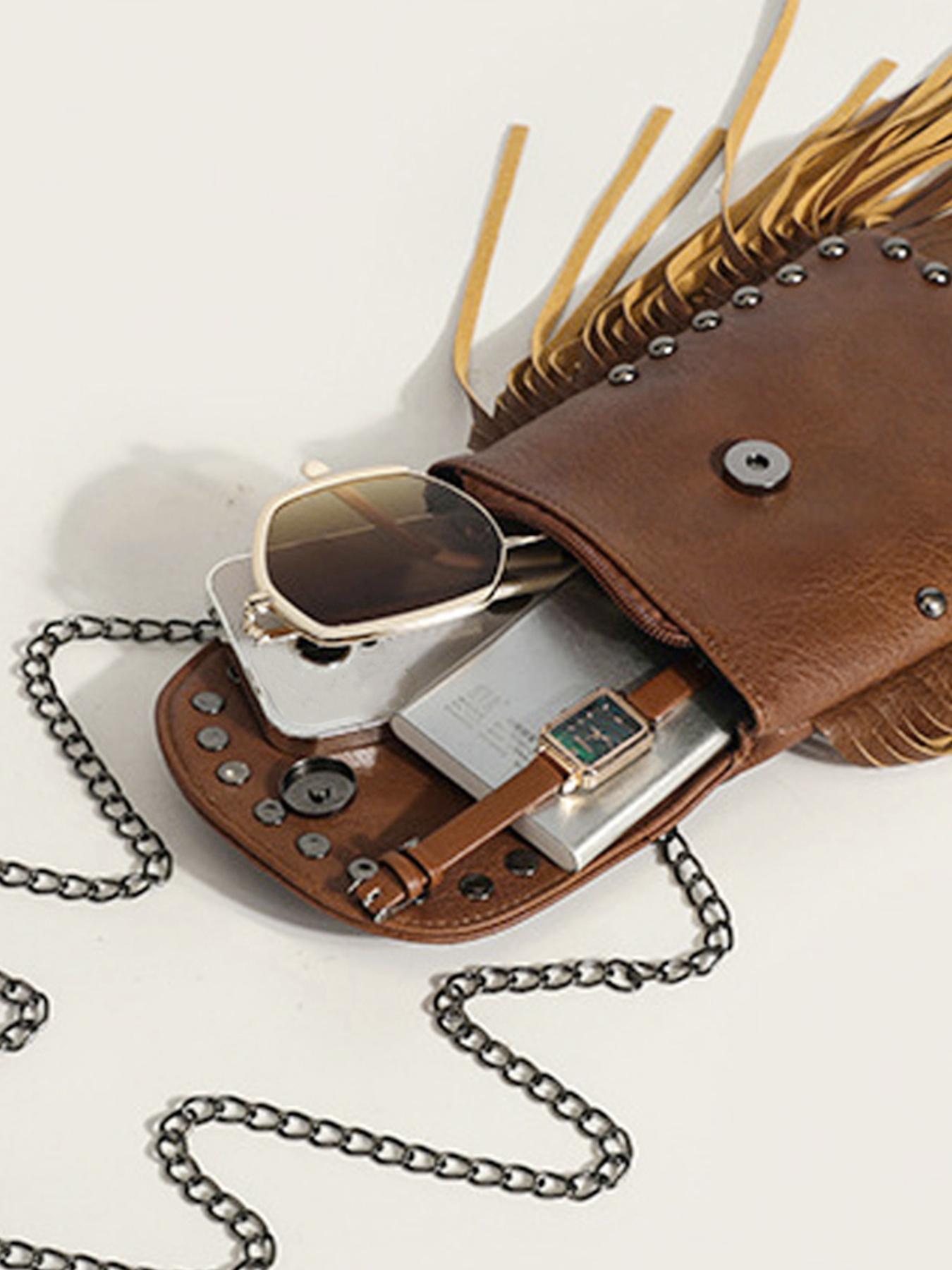 Women's Punk Style Rivet & Tassel Decor Crossbody Bag, Trendy Vintage Crossbody Bag, Chic Crossbody Bag for Daily Use, Crossbody Shoulder Purses