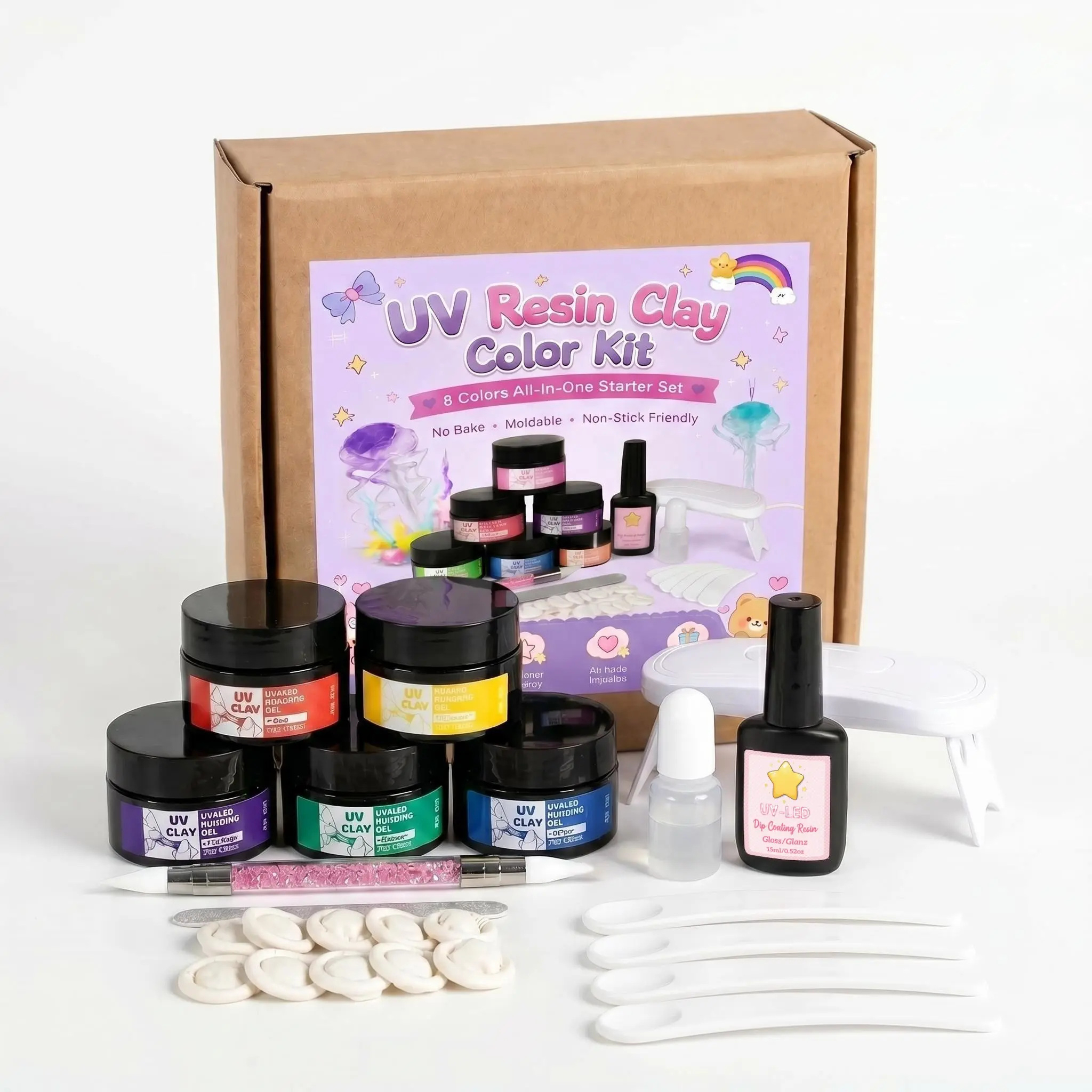 Everything-in-One UV Clay Kit for Beginners, 6 Colors UV Clay with UV Lamp, Silicone Pen, Tools & Gloss Coat for Handmade Jewelry & Crafts