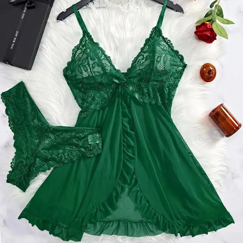 Women's 2-Piece Sleeveless Lace Heart Nightdress Set - V-Neck, Transparent, Split Design, Green Nightwear, Exquisite Bra & Panty Loungewear Homewear